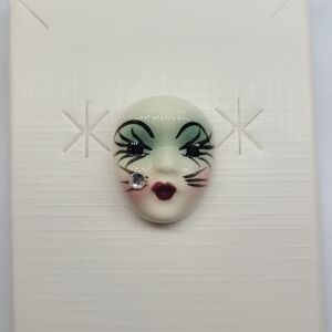 Vintage Fancy Faces Brooch Pin Handpainted Porcelain Mask with Rhinestone